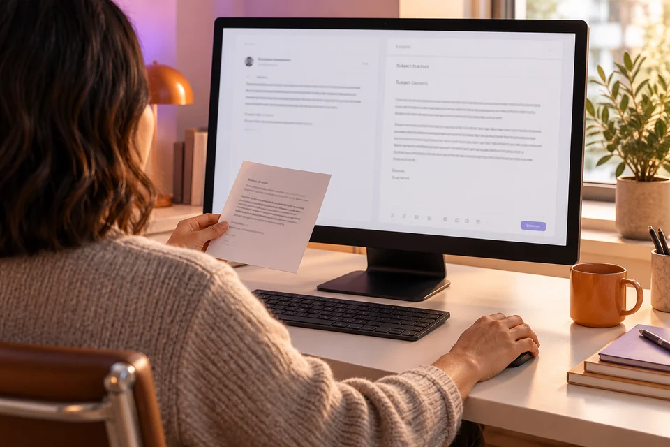 A person compares a source request with a prepared draft on a computer.