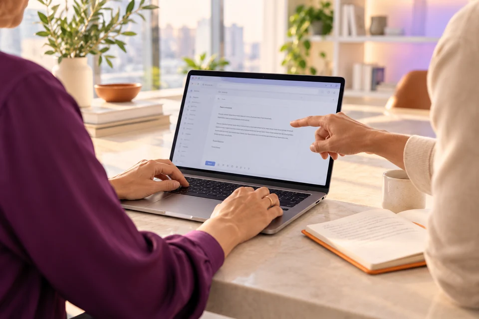 An employee practises at a laptop while a trainer explains a review step.